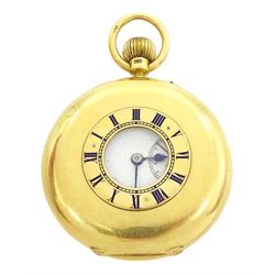 Edwardian 18ct gold half hunter keyless lever pocket watch by Manoah Rhodes & Sons Ltd, Bradford, No. 14478, white enamel dial with Roman numerals and subsidiary seconds dial, back case with engraved monogrammed initials, case makers mark JG, London 1905