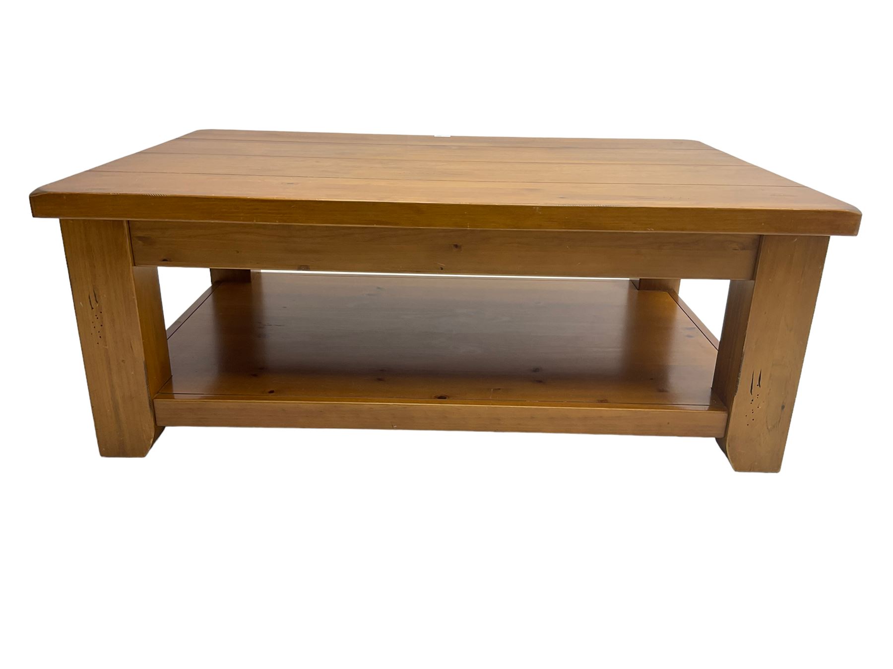 Rustic pine coffee table, rectangular plank top over undertier (120cm x 80cm x 46cm); and matching nest of two tables (60cm x 50cm x 64cm)