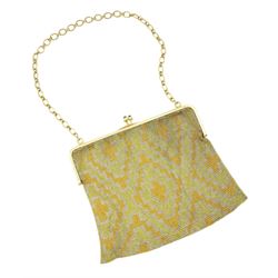 French tri-coloured gold mesh purse, with 18ct gold bar clasp and 18ct gold oval link chai...