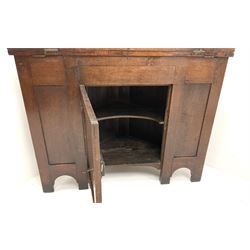George III oak and mahogany corner campaign desk, single cupboard, folding top enclosing inset leather writing pad
