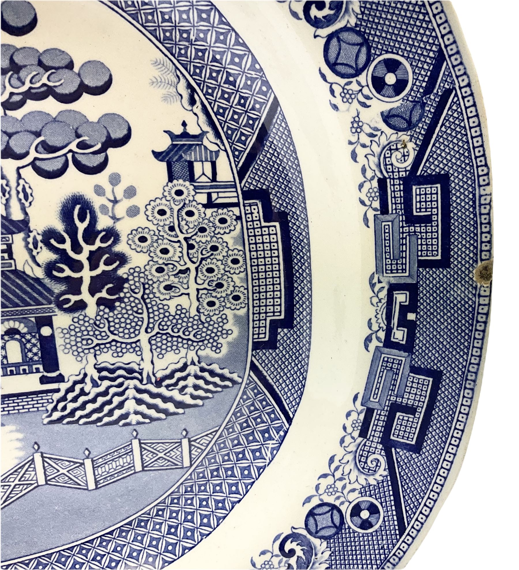 Victorian blue and white meat platter in willow pattern, L47.5