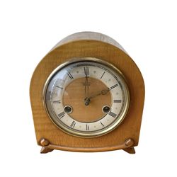 20th century- Hermle 8-day moon phase three train bracket clock, with a brass dial and subsidiary moon dial, floating balance escapement chiming the quarters on 5 gong rods. With an English oak cased Smiths Enfield 8-day striking mantle clock c1950. With pendulum and key.  