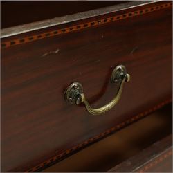 Edwardian mahogany herring-bone inlaid dressing chest, with swivel bevelled dressing mirror, supports with finials, and trinket drawer above chest with three graduated drawers on bracket feet