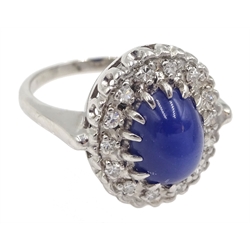 White gold star sapphire and diamond cluster ring, stamped 14K