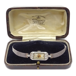  Platinum Art Deco diamond set cocktail watch, on white gold mesh bracelet, stamped 9ct, boxed  