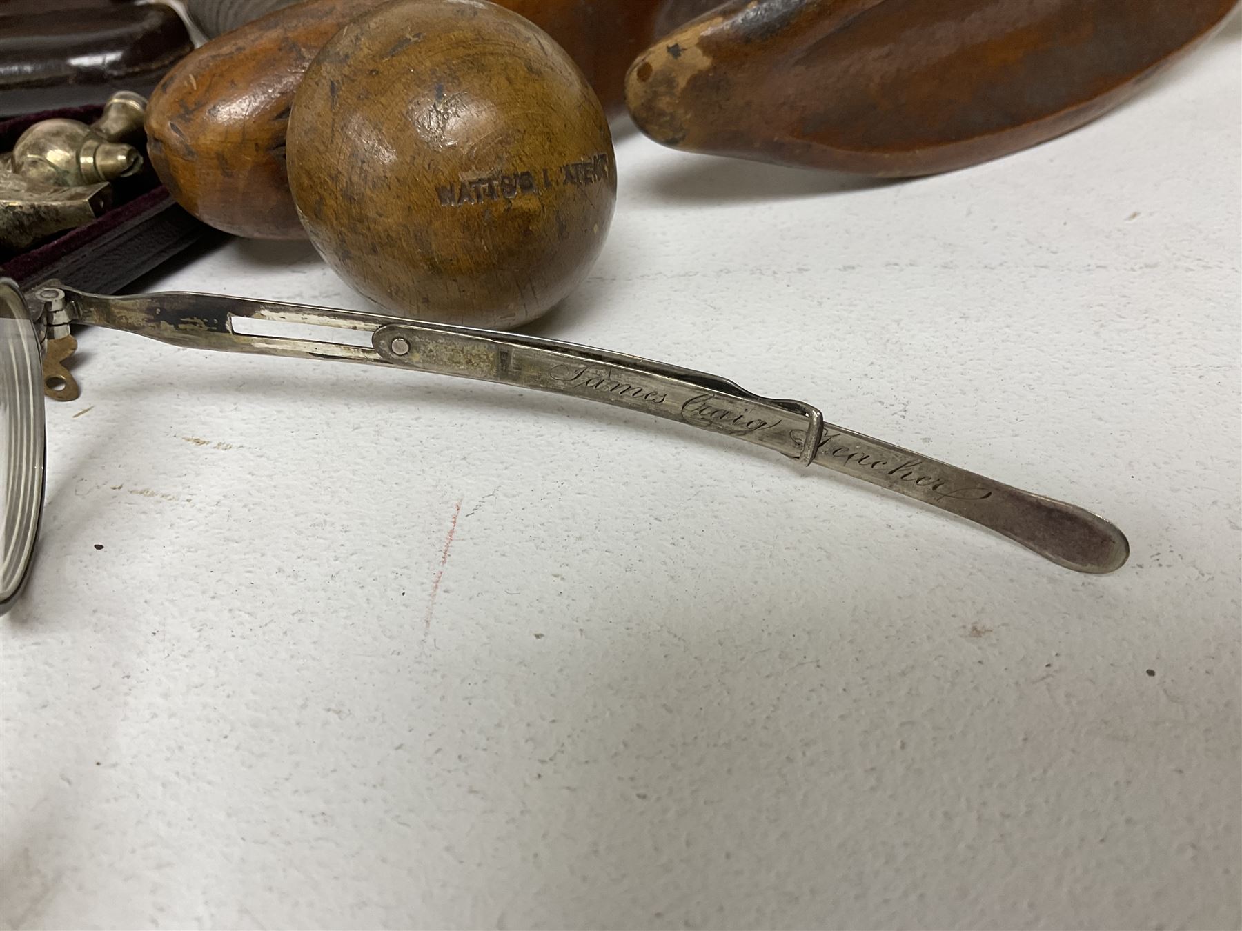 Quantity of mid 19th century and later photographs to include cartes des visites,  together with a small oval mirror, early 20th century clock, Bakelite cigarettes box, three hallmarked silver spoons, pair of Georgian spectacles with extending arms, silver and gold Plated reproduction icon, other silver plate and metal ware etc
