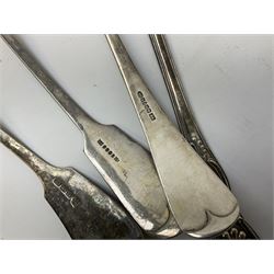Two silver plated Fiddle pattern soup ladles, a silver plated Old English pattern soup ladle, and a silver plated Kings pattern basting spoon, (4)