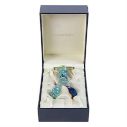 Moorcroft enamel vase, peacock design, signed beneath, boxed 