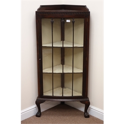  Early 20th century mahogany display corner cabinet, raised back, hinged door, cabriole legs with ball and claw feet, W59cm, H132cm, D41cm  