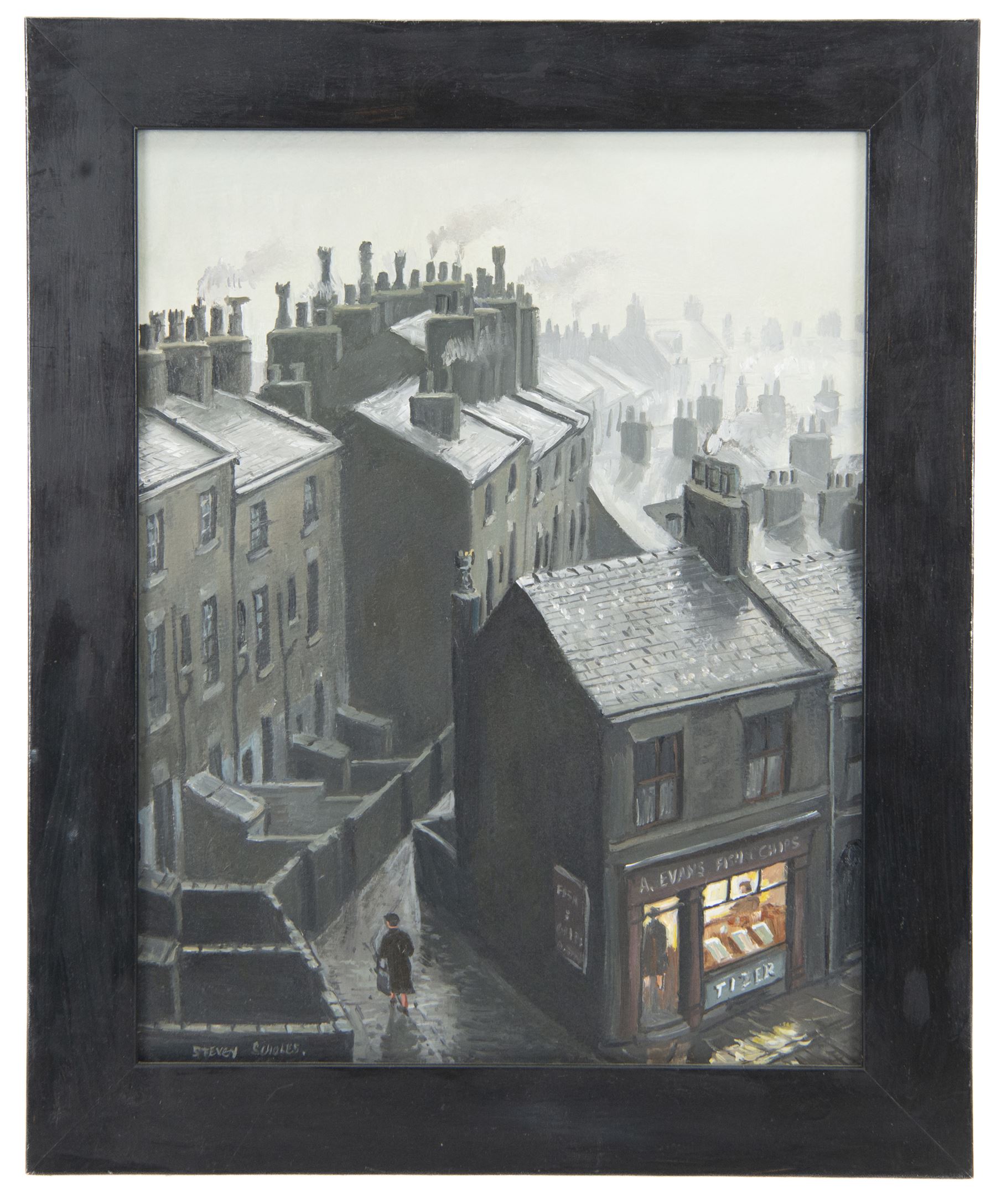 Steven Scholes (Northern British 1952-): 'Wet Roof Tops and Evans Fish & Chips Manchester', oil on board signed, titled verso 34cm x 27cm