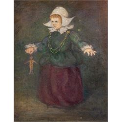 German School (Early 20th Century): Portrait of a Girl Holding a Doll, oil on canvas indistinctly signed Freule?, 50cm x 39cm 
