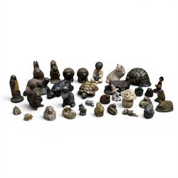 Collection of 33 small glazed cast stone garden animals and figures