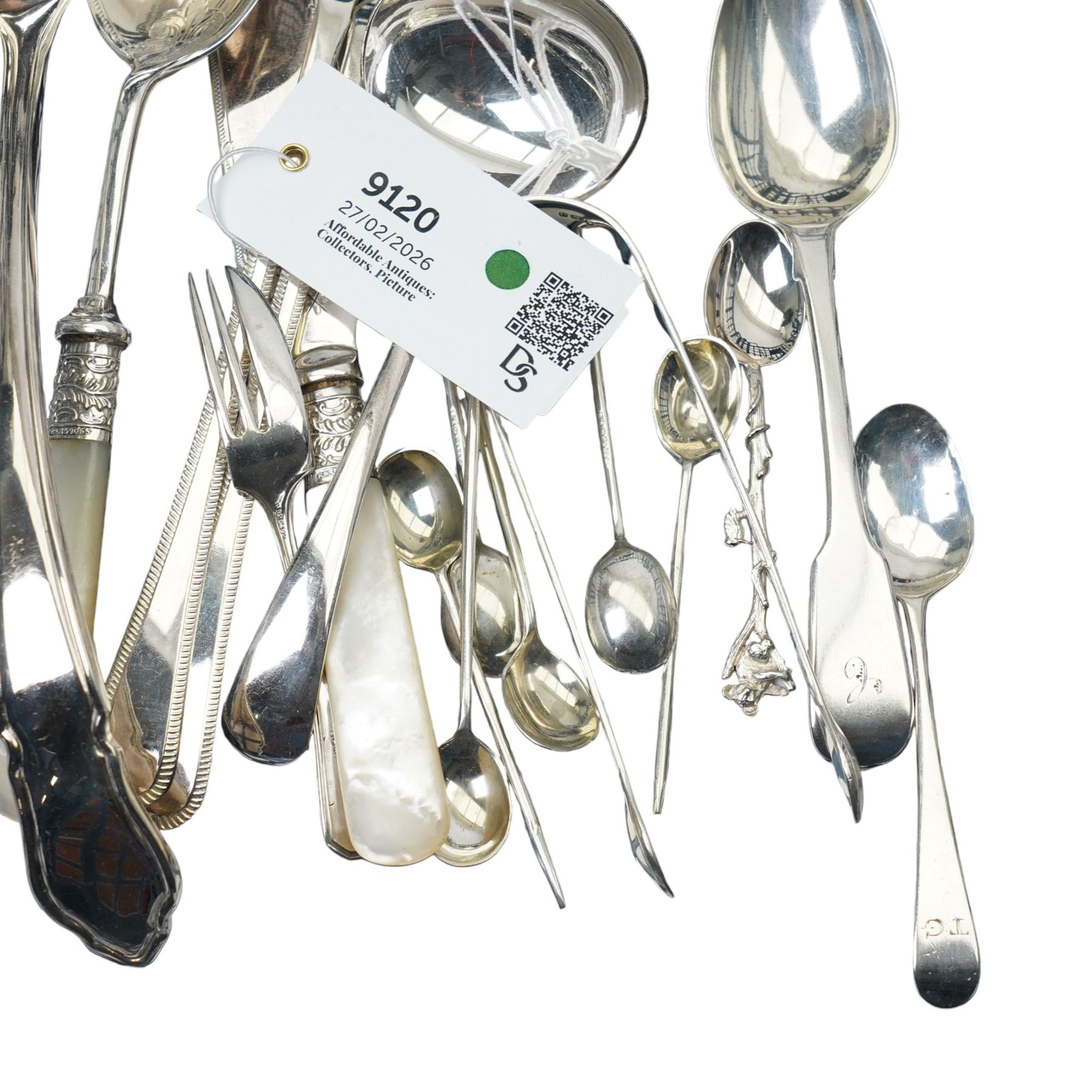 Pair of early 19th century silver sugar tongs, silver dessert spoon, silver tea spoon and various items of plated cutlery