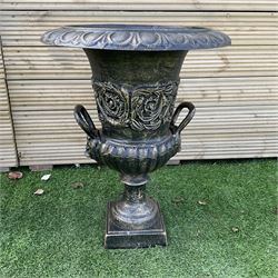 Pair of Victorian design ornate cast iron garden urn, bronze finish, egg and dart border, twin handled column, pedestal base H63, D48 - THIS LOT IS TO BE COLLECTED BY APPOINTMENT FROM DUGGLEBY STORAGE, GREAT HILL, EASTFIELD, SCARBOROUGH, YO11 3TX