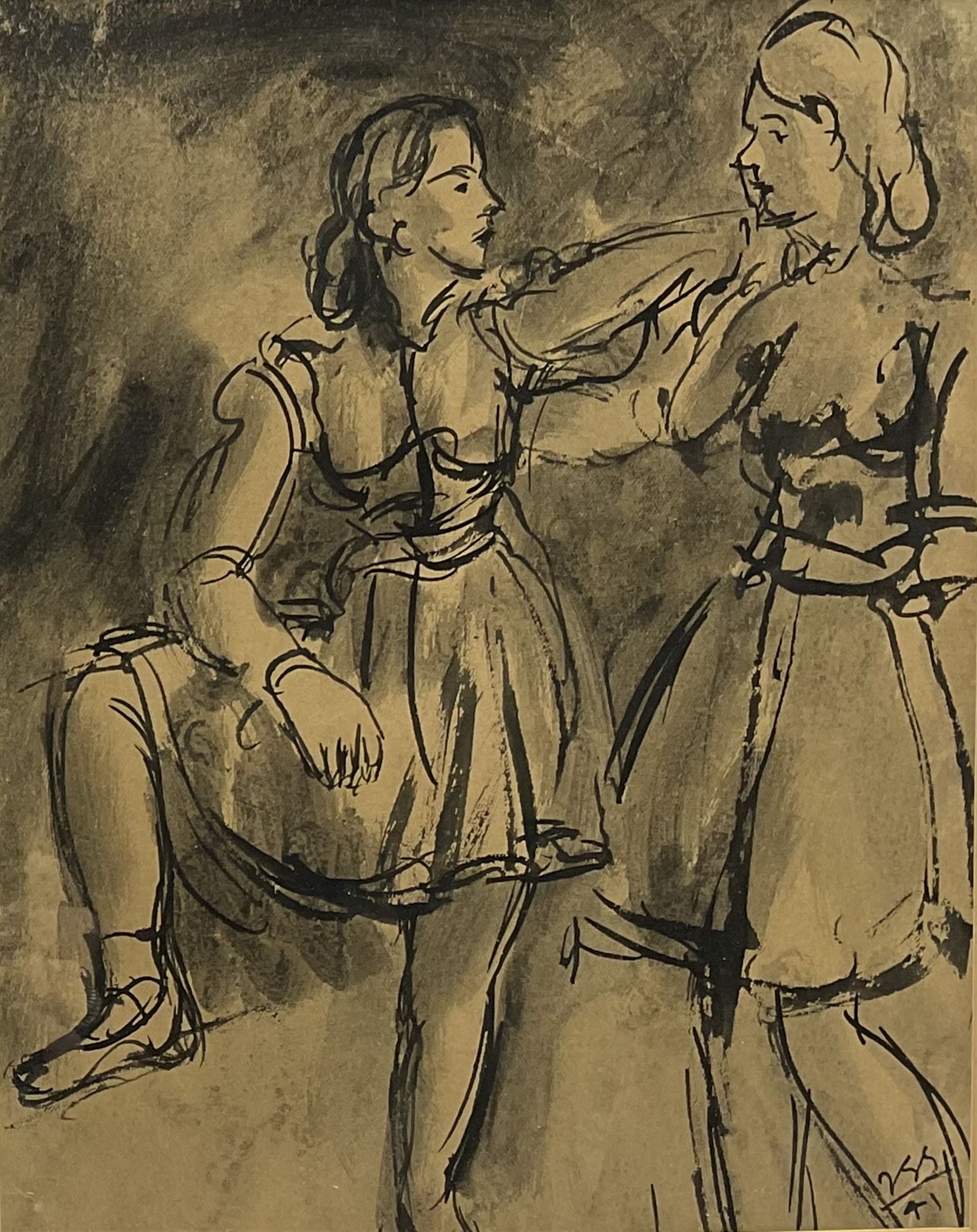 Jean-Georges (János Györgi) Simon (Austro-Hungarian 1894-1968): Portrait of two Girls,  ink and monochrome wash signed with initials and dated '41, 30cm x 24cm
Provenance: purchased from the artist's studio collection

