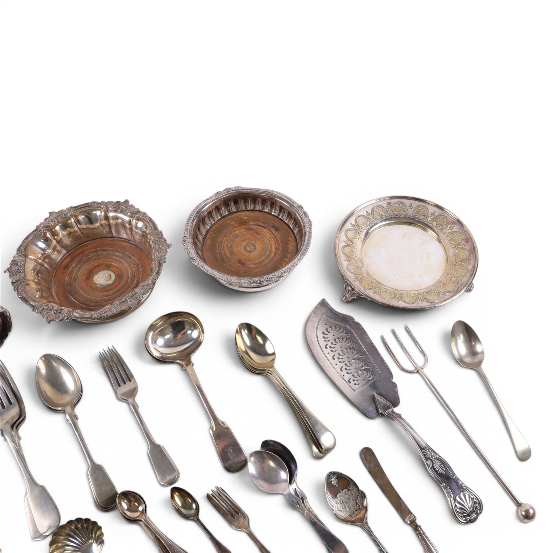 Silver plate, including waiter, two bottle coasters, funnel, cutlery, etc