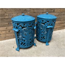 Pair of blue painted cast iron garden bins