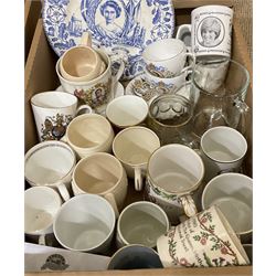Collection of Royal Commemorative ware, to include Spode Silver Jubilee mug, Shelly King George mug, Burleigh Ware Coronation plate, Boncath Pottery 80th birthday of the queen mother cup, and other mugs, plate, etc., in one box 