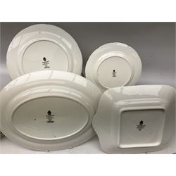 Wedgwood dinner service decorated in the 'Bianca' pattern, to include eight dinner plates, eight bowls, eight side plates, eight twin handled souo bowls, eight soup bowl saucers, eight teacups, eight teacup saucers, six dessert plates and two larger, two twin handled lidded tureens, milk jug, two sauce boats, salt and pepper shakers, oval serving  plate, twin handled sandwich plate, covered sucrier, small rectangular dish and two small circular dishes, all with printed stamp mark beneath