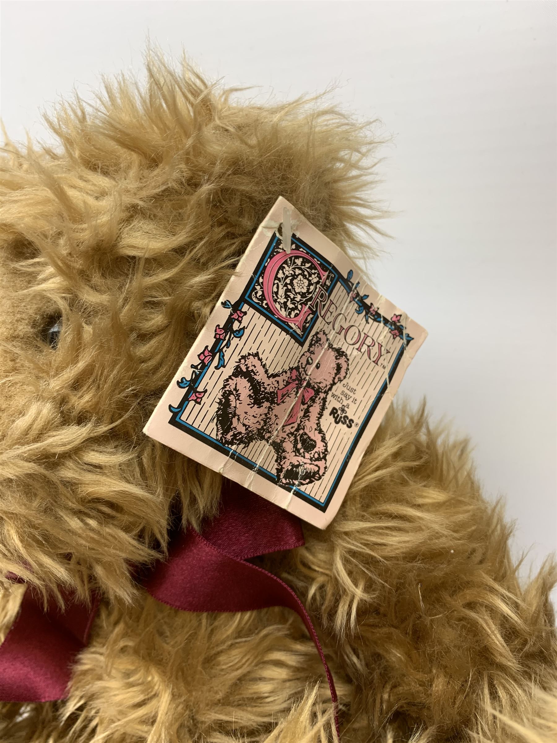 Seven Russ Gregory teddy bears designed by Carol-Lynn Rossel Waugh, some with original card labels, largest H14