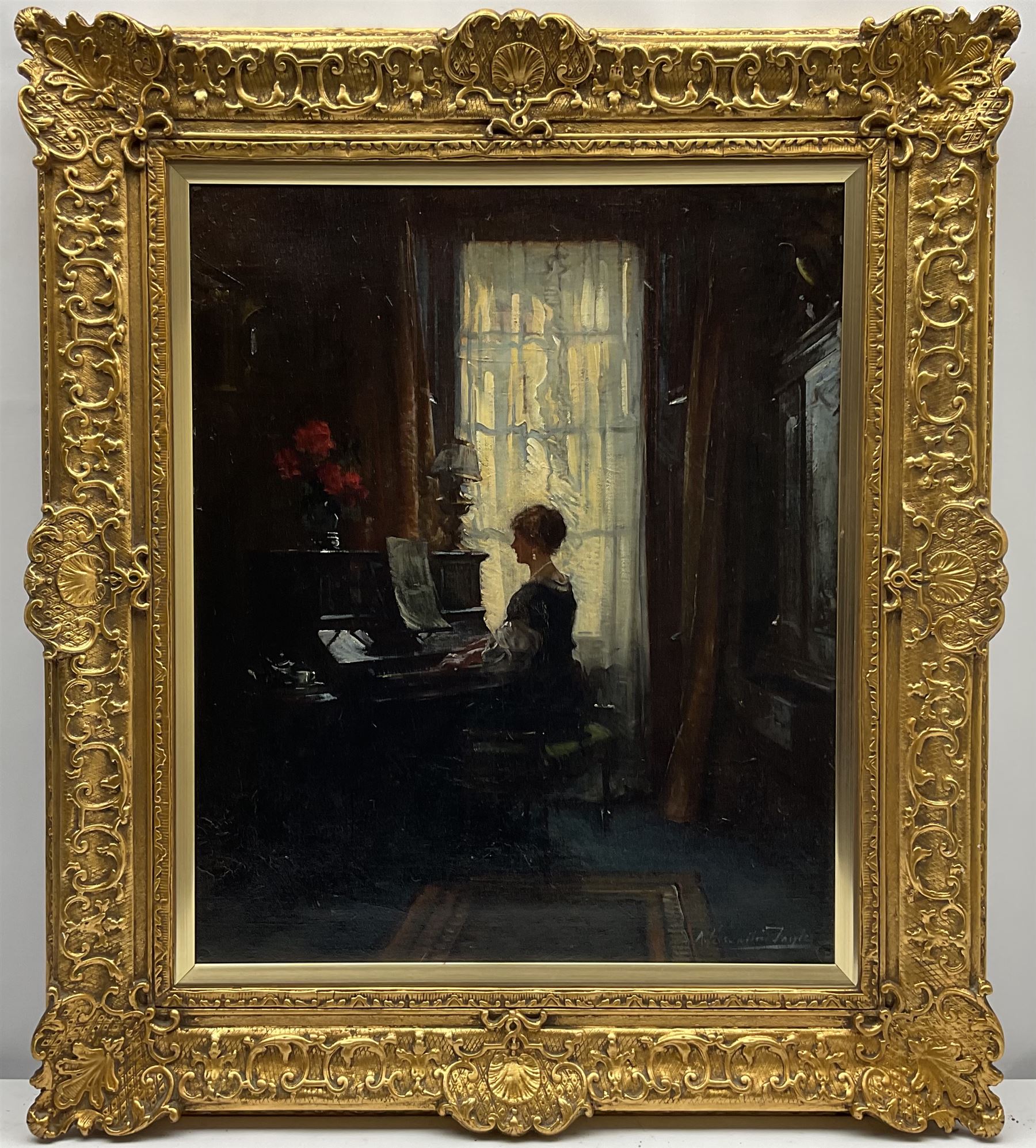 Albert Chevallier Tayler (Newlyn School 1862-1925): Drawing Room Interior with Lady playing the Piano, oil on canvas, signed and indistinctly dated 60cm x 50cm