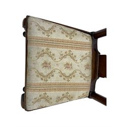 Pair of 19th century Queen Anne design walnut framed side chairs, yoke crest rail over vase-shaped splat, upholstered drop-in seats, raised on cabriole supports with pad feet united by turned stretchers