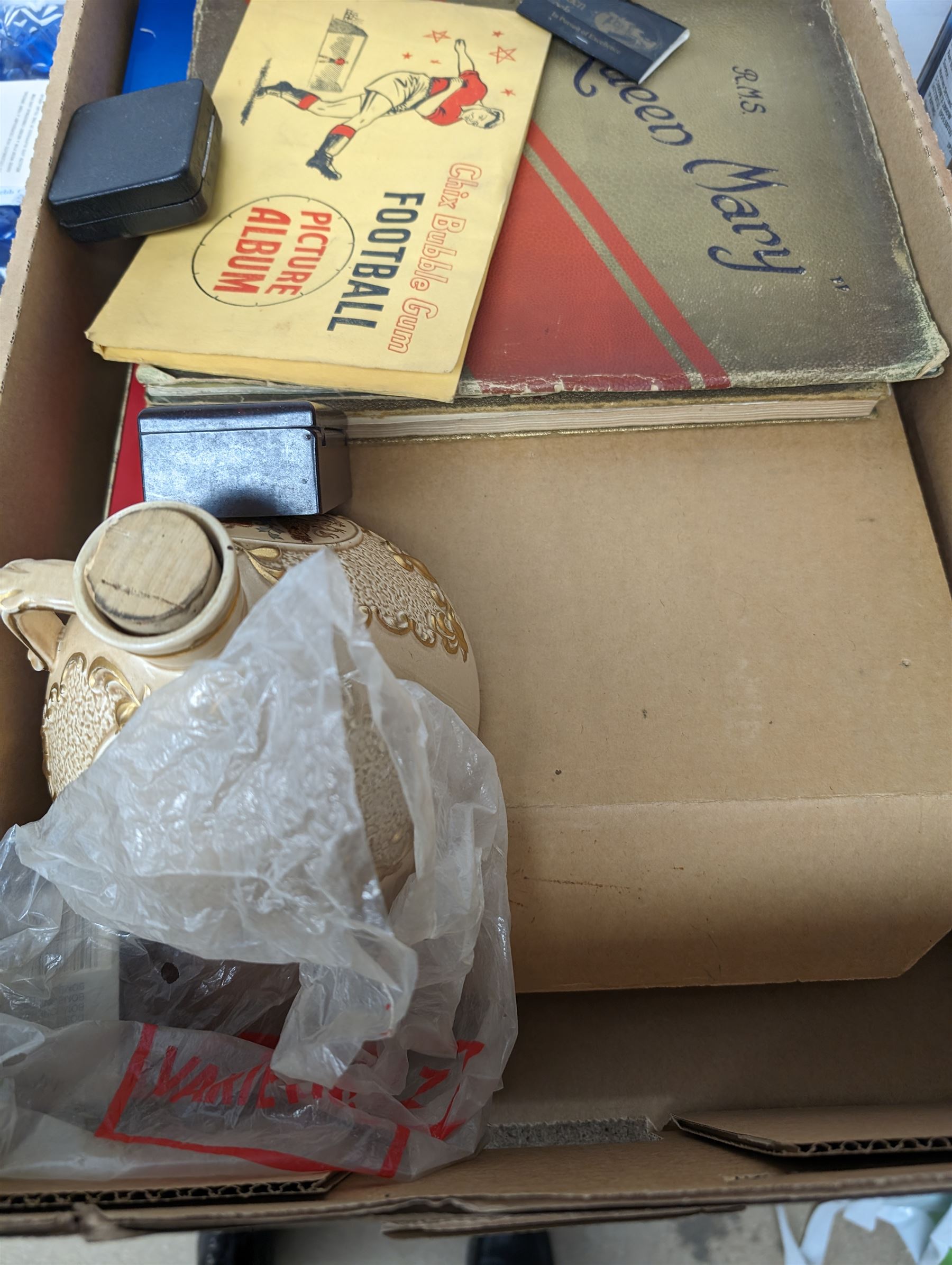 Royal Doulton Heinz Centenary decanter set, boxed, modern games compendium, RMS Queen Mary book and a 1937 Coronation souvenir book, together with matchboxes, cigarette cards, costume cufflinks and other collectables, 