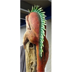  Large painted model of an Iguana naturalistically mounted on tree trunk, H216cm   
