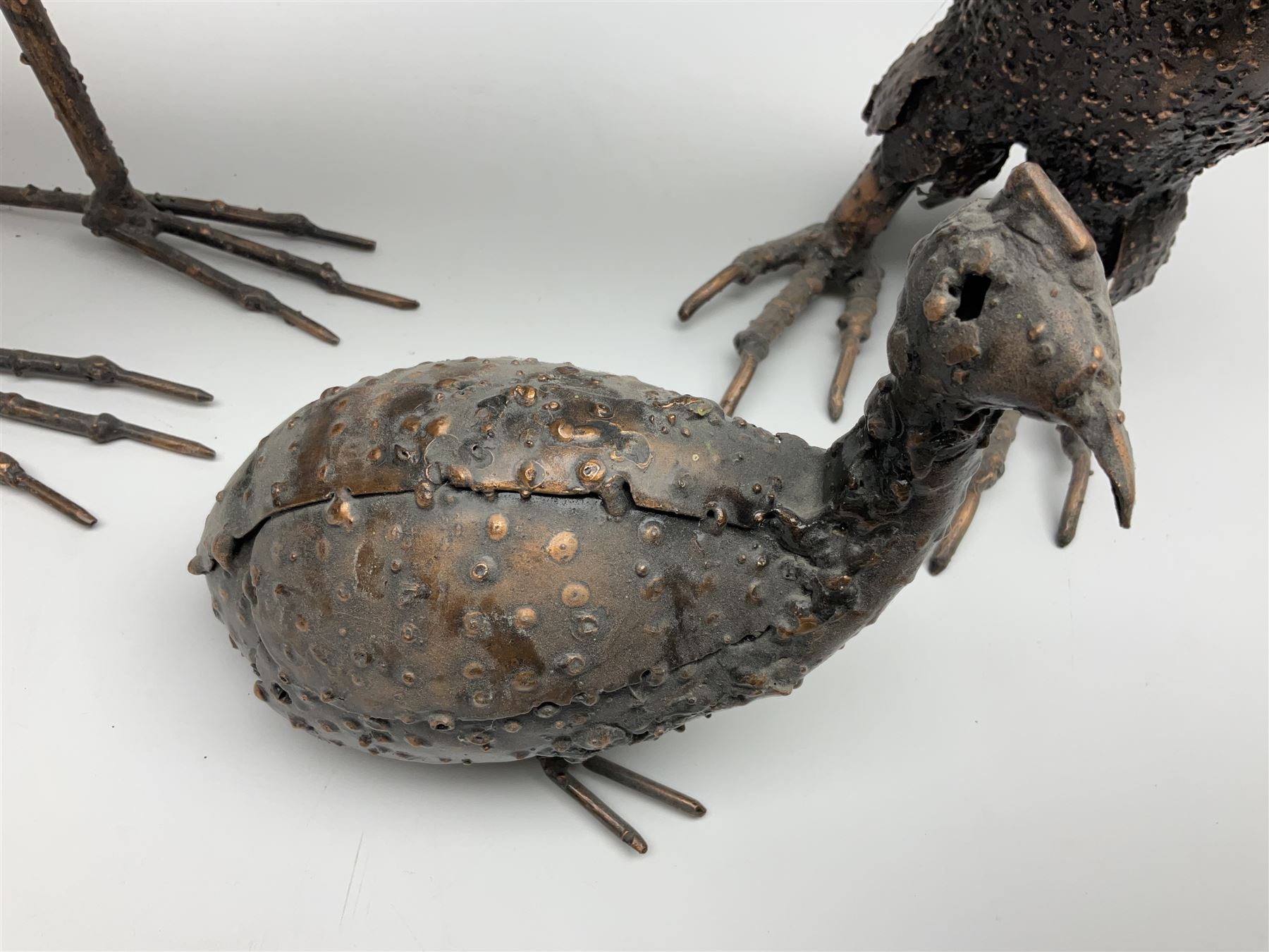 Three metalwork figures of bird, to include owl, a heron etc, largest H45cm