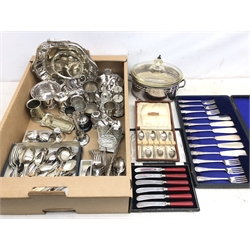  Collection of assorted silver-plate including condiment sets, Victorian flatware, cutlery sets, trophies and some silver including a hallmarked silver posy vase, two napkin rings, mustard spoons etc   