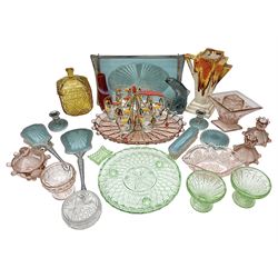 Swedish Svenskt Glass limited edition blue glass salmon, modelled by Paul Hoff, together with two vintage moulded coloured glass dressing table sets with jars and trays, spinning shot glass holder with abstract design glasses and an Art Deco vase, etc 
