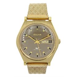 Bulova Sea King gentleman's automatic gold-plated wristwatch, back case No. H835317, with day/date aperture and whale motif, on Lenox gilt strap