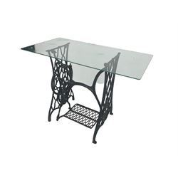 Singer - early 20th century cast iron sewing machine table, with rectangular glass top