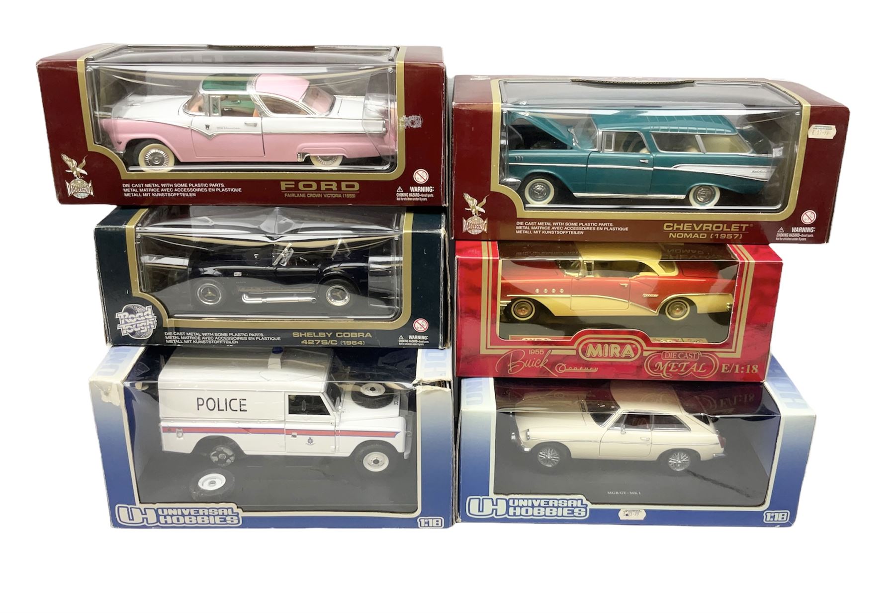 Six 1:18 scale die-cast models - Road Legends Chevrolet Nomad (1957) and Ford Fairlane Crown Victoria (1955); Universal Hobbies MGB-GT Mk.1 4-cylinder Old English White and Land Rover Serie III Police Patrol; Road Tough Shelby Cobra 427S/C (1964); and Mira 1955 Buick Century; all boxed (6)