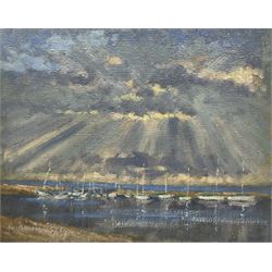 William Burns (British 1923-2010): 'Evening: Burnham Overy Staithe - Norfolk', oil on board unsigned, titled verso 21cm x 26cm (unframed) Provenance: Direct from the family of the artist. Notes: Born in Sheffield in 1923, William Burns RIBA FSAI FRSA studied at the Sheffield College of Art before the outbreak of the Second World War, during which he helped illustrate the official War Diaries for the North Africa Campaign, and was elected a member of the Armed Forces Art Society. On his return, he studied architecture at Sheffield University and later ran his own successful practice, being a member of the Royal Institute of British Architects. However, painting had always been his self-confessed 'first love', and in the 1970s he gave up architecture to become a full-time artist, having his first one-man exhibition in 1979.
