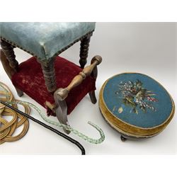 Victorian beadwork footstool with two other wooden upholstered footstools, one with turned bobbin legs, two Victorian glass frigger canes, one of twisted spiral form, and three carpet beaters