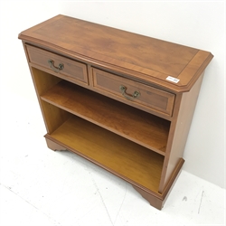 Reproduction inlaid yew wood open bookcase, two drawers, shaped bracket supports, W77cm, H75cm, D28cm