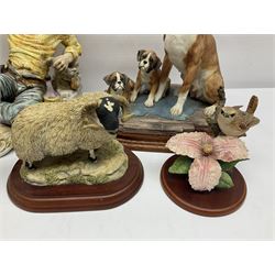 Three Border Fine Arts figures including Boxer with Pups, Capodimonte figure of a drunken pirate, and a brass dog (5)