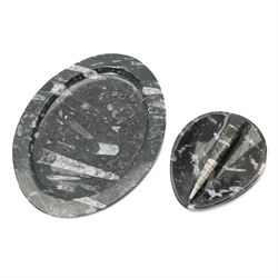 Oval dish with orthoceras inclusions W26cm and a similar smaller dish (2)