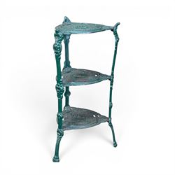 Ornate cast iron three tier garden plant or pan stand, green painted finish