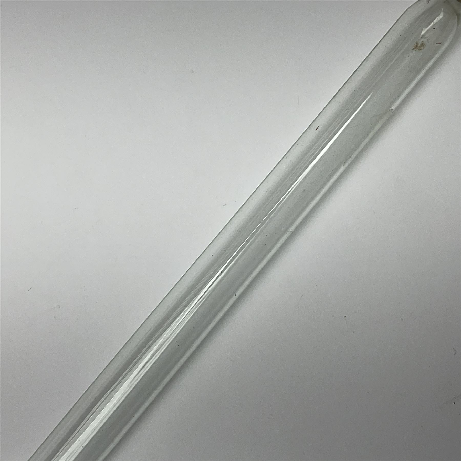 19th century malacca walking cane, the screw threaded domed cover opening to reveal vacant recess, above a further screw threaded opening revealing a removable glass vial with stopper, glass vial L41cm, cane L89.5cm