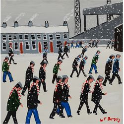 William Findley Burns (Northern British 1949-): 'Big Match Day', oil on canvas signed, titled verso 40cm x 40cm (unframed)