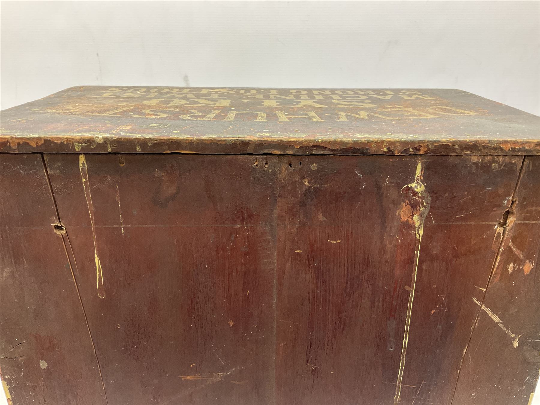 Early 20th Century Dewhurst table top chest, decorated with gilded 'Dewhurst's Sylko Machine Twist Strong Lustrous' lettering above six long drawers with names and numbers of cotton also detailed in gilt, H39cm