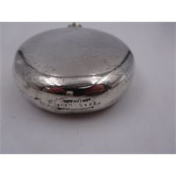 Tiffany & Co silver hip flask, of oval form with screw cap, stamped Tiffany & Co  26503327 Sterling Silver beneath, H11.5cm