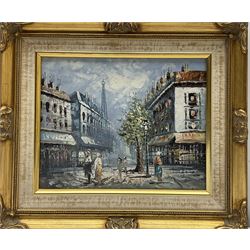 French School (20th century): Parisian Street Scenes, pair oils on board together with pair oils on canvas each 19cm x 24cm (4)