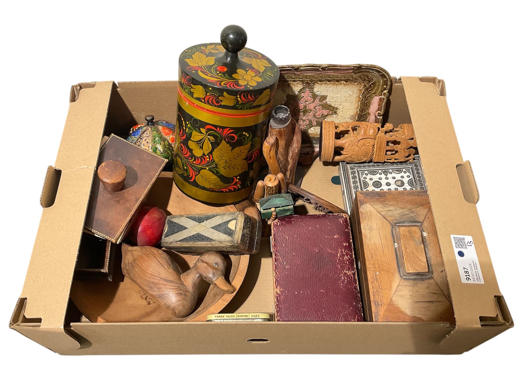 Indian bone box, leather pen tray and blotter, wooden duck, various carvings etc, in one box 
