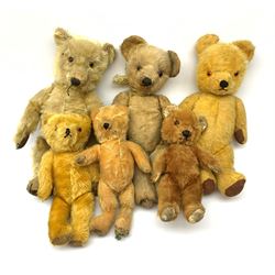 Six English teddy bears c1930s-50s including  wood wool filled Chiltern with swivel jointed head, glass eyes, vertically stitched nose and mouth and jointed limbs with velvet paws H18