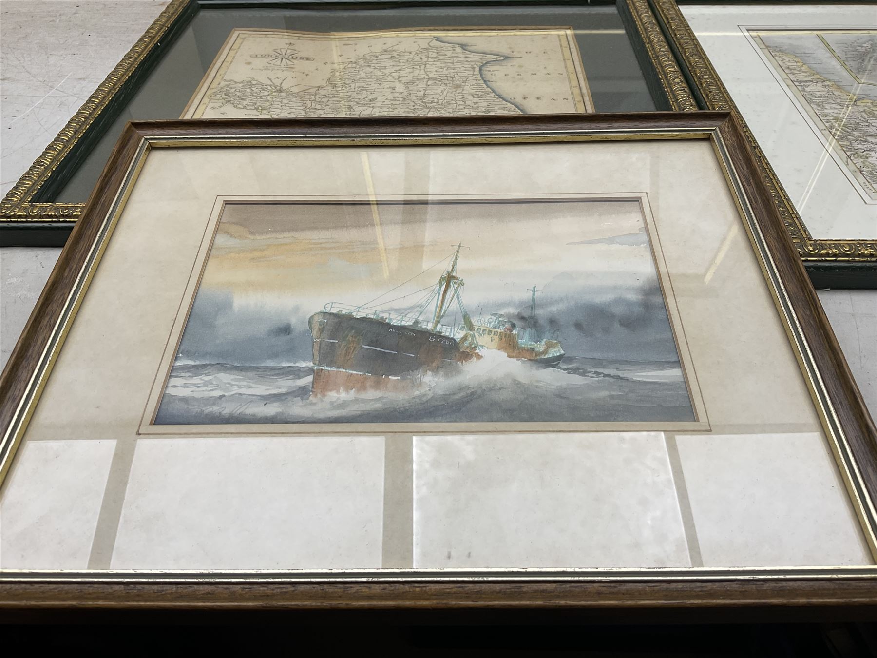 Jack Rigg (British 1927-2023): On the Quayside, signed print; together with a David C Bell watercolour and two maps (4)