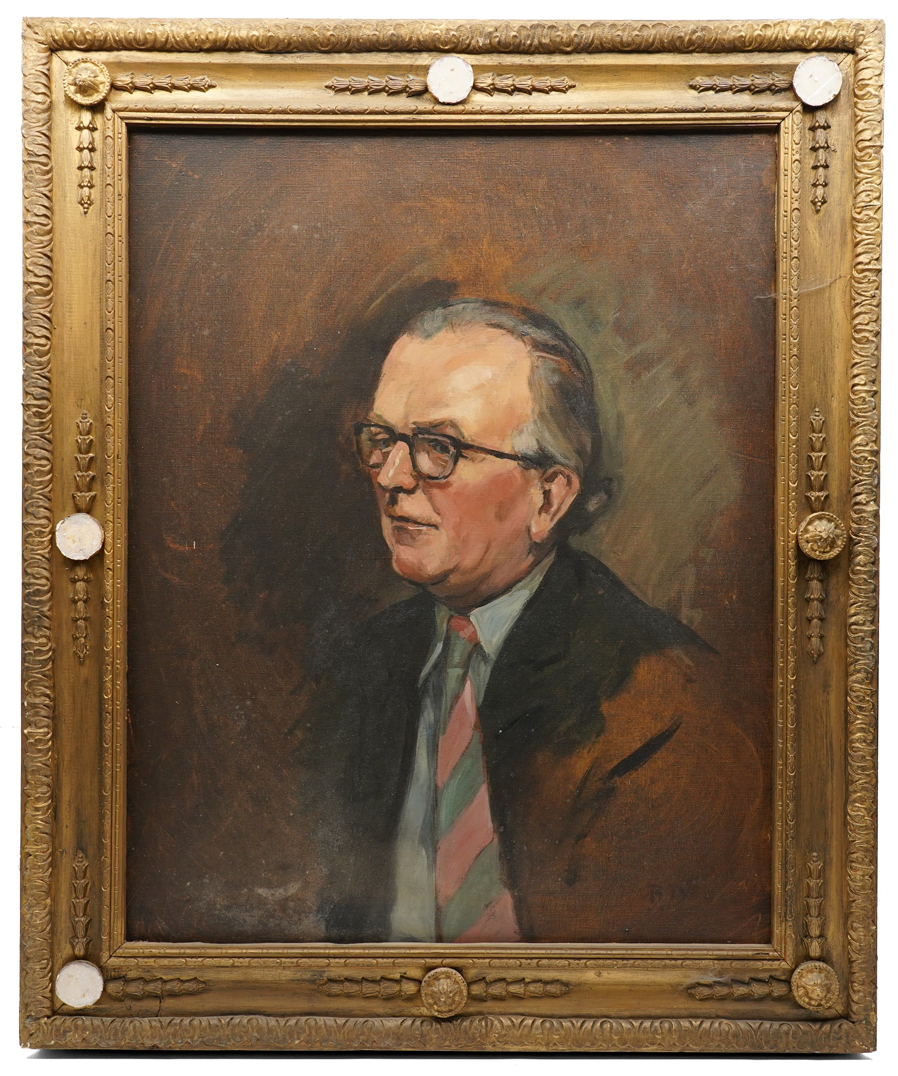 Brenda Bury (British 1932-): Members of European Parliament - 'Sir Stanley James Allen Hill' 'Sir Douglas Dodds-Parker' 'Sir William John Peel' 'Sir Brandon Meredith Rhys-Williams 2nd Baronet' 'Sir Tom Normanton' and 'John Hill MP', set of six oils on canvas signed with initials, in matching frames, 76cm x 59cm (6) Provenance: Property of a Nobleman.