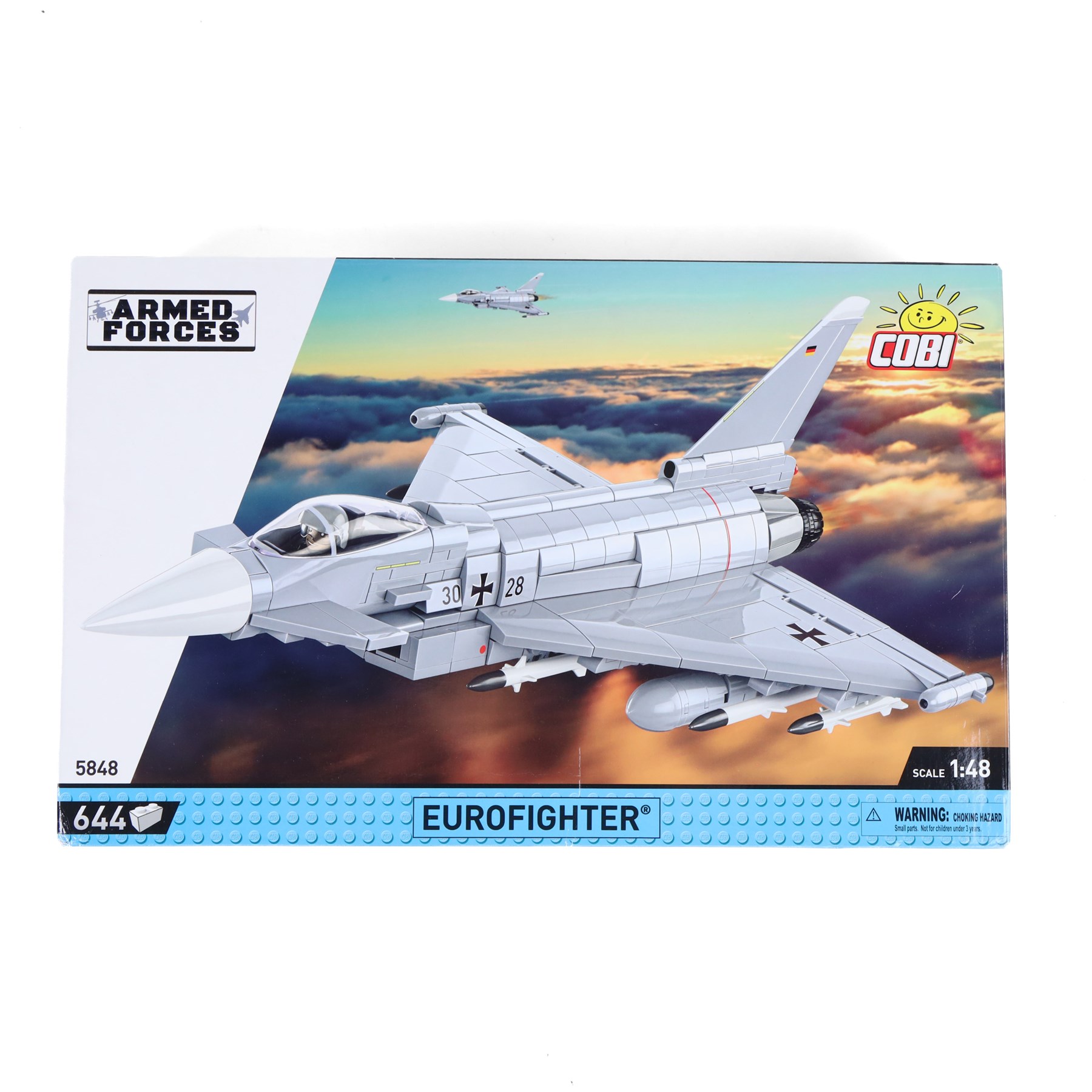 Four Cobi Bricks Armed Forces and Historical Collection model sets, comprising 1:144 scale no. 4852 U-Boot U-52 (Type VIIB), 1:48 scale no. 5900 Boeing F-15EX Eagle II, 1:48 scale no. 5848 Eurofighter and no. 5711 Junkers JU 52/3M, all in sealed boxes